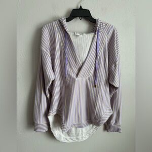 Bucket List Yellow Lilac Striped V-Neck Oversize Sweatshirt Hoodie Women M Beach